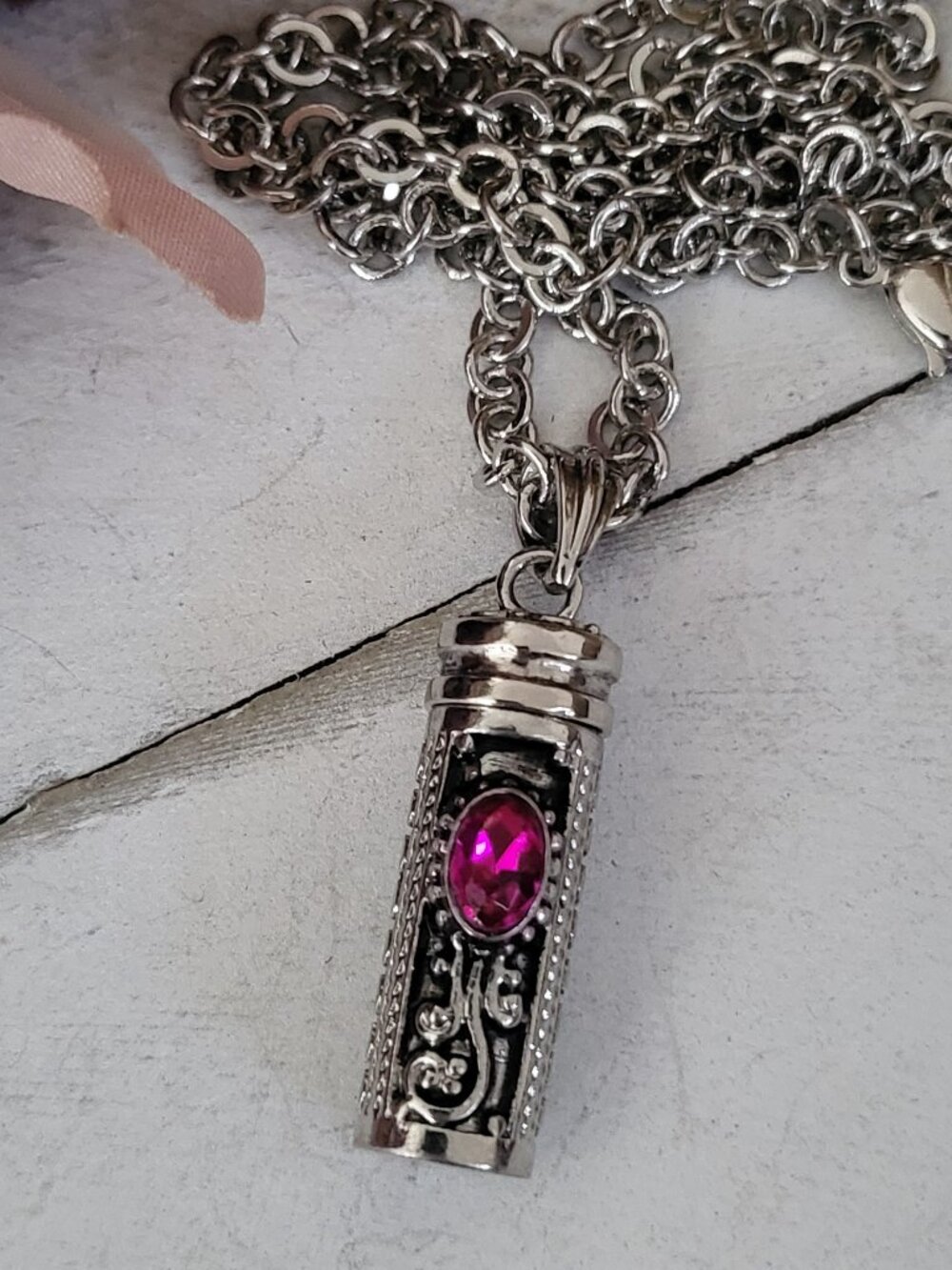 July Birthstone Ruby Pink Crystal Cylinder Locket Pendant Twist Cap Neckace